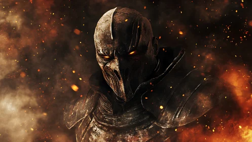 Armored infernal warlord with ember-lit demonic mask.