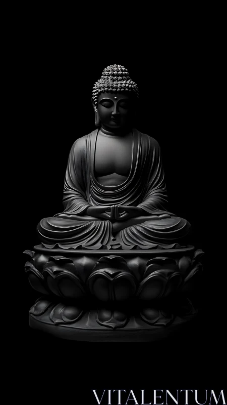 Serene black Buddha statue on lotus pedestal in chiaroscuro.