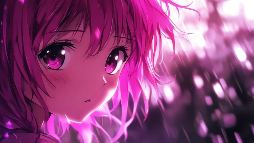 Melancholic pink-haired girl in glowing anime rainfall.