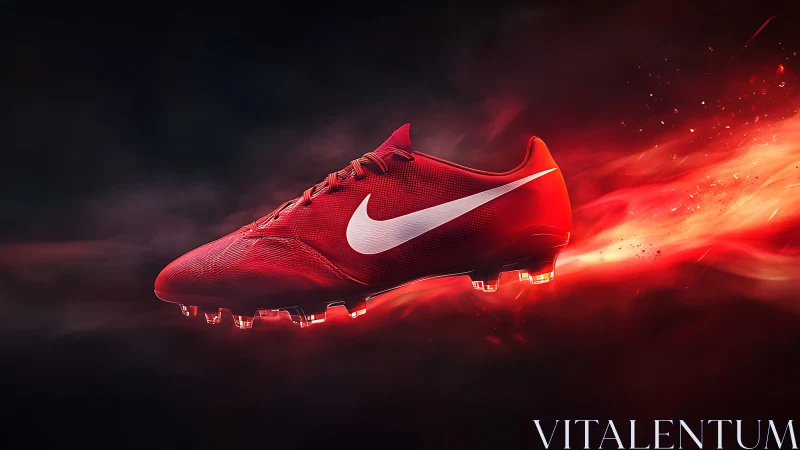 Red football boot blazes through dark space in fiery motion