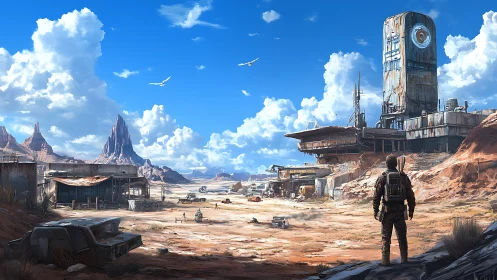 Desert frontier outpost with rusted orbital relay tower viewed afar.