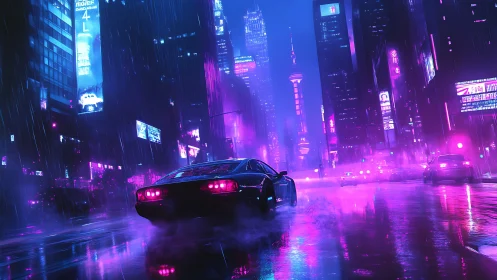 Retro sports car burns through neon drenched cyberpunk avenue