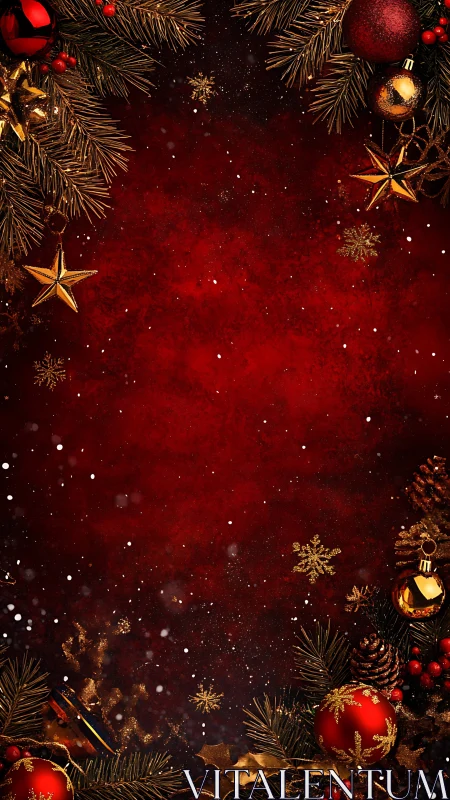 Red Christmas background with gold ornaments and pine branches.