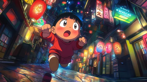 Child in red outfit runs through neon lit lantern street