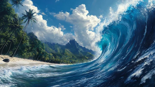 Towering wave curls toward a sunlit tropical island shore