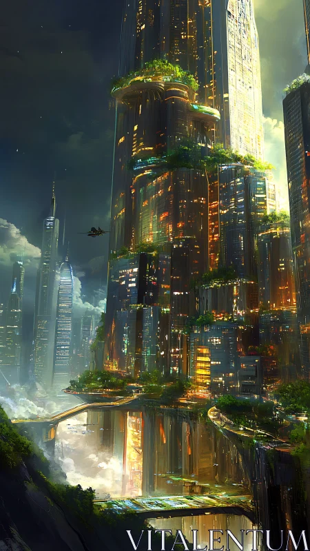 Vertical eco-megacity with luminous terraces and aerial transit corridors