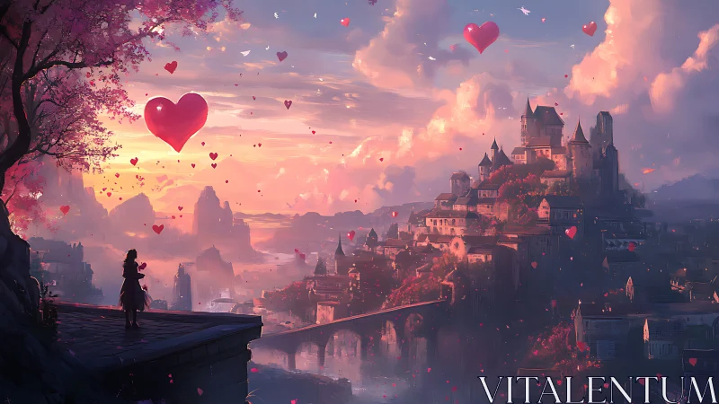 Romantic fantasy castle kingdom bathed in golden sunset light