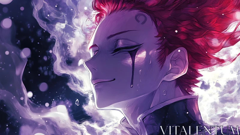 Mystical red‑haired figure exhales luminous cosmic mist.