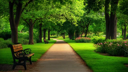 Photorealistic tree-lined park path with benches and blooms.