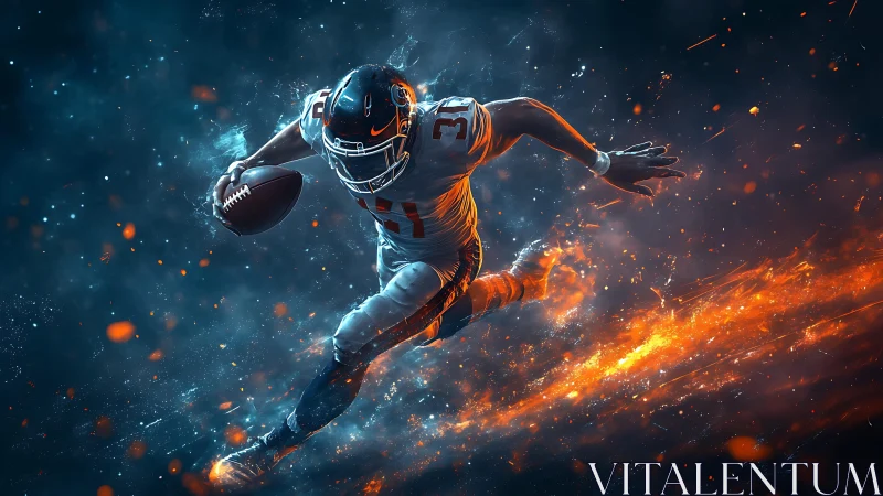 Digital football runner charging through fire and smoke.
