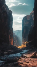 Sunlit desert canyon with river cutting through shadowed walls.