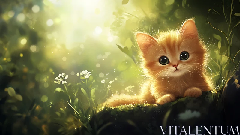 Golden Kitten in Luminous Garden with White Flowers.