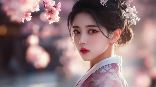 Elegantly lit geisha portrait amid soft sakura bokeh.