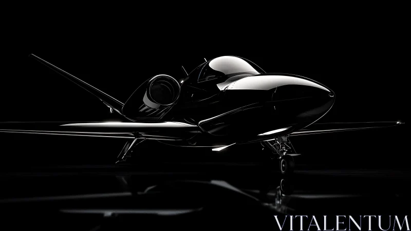 Sleek black private jet rendered on dark reflective studio