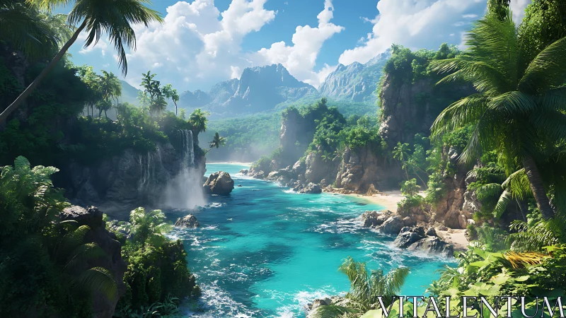 Tropical Paradise: Where Waterfalls Meet Turquoise Waters.