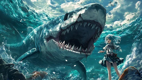 Colossal shark charges anime girl amid storming surf.