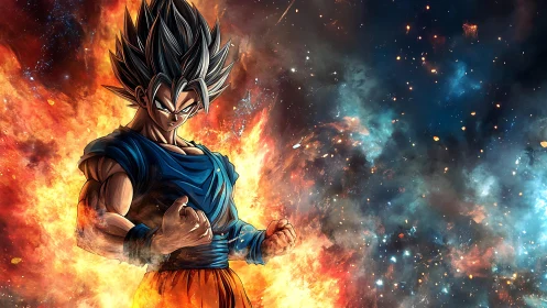 Cosmic warrior ignites within explosive nebular firestorm.