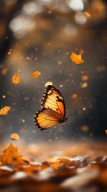 Monarch butterfly moves above fallen leaves in soft focus