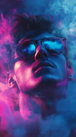 Neon-lit portrait with reflective sunglasses in vapor clouds.