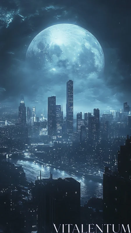 Gigantic moon dominates nocturnal futuristic river cityscape