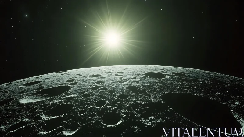 Sunrise over cratered lunar horizon in deep space.