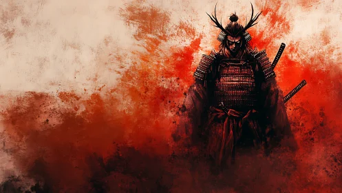Armored samurai emerges from abstract crimson battlefield haze