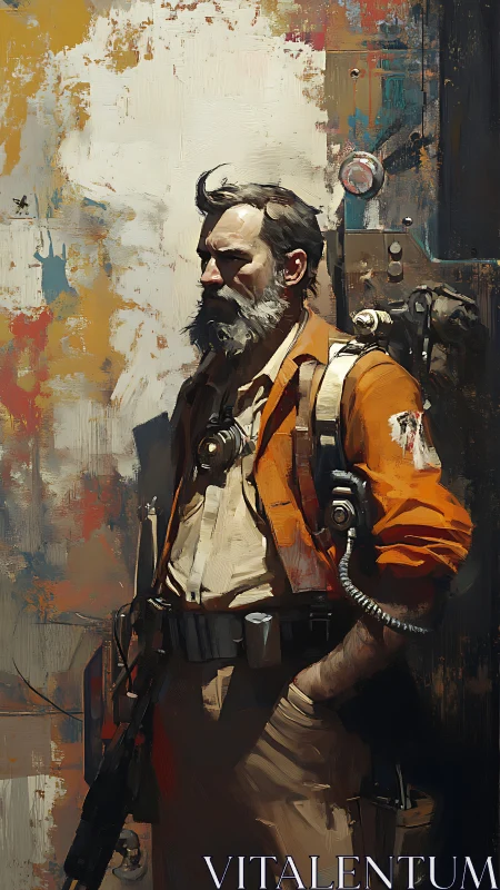 Weathered space engineer leans in rust-streaked corridor.