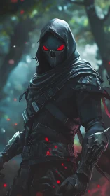 Shadow assassin in black armor with glowing crimson eyes.