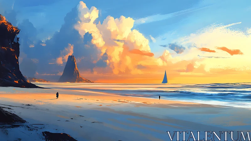 Dramatic Sunset Over Volcanic Beach with Solitary Sailboat