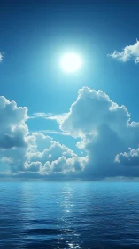 Sunlit clouds drifting above a calm open sea horizon.