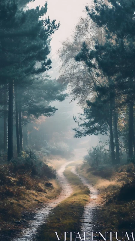 Forest Path Through Tall Pines with Misty Atmospheric Haze