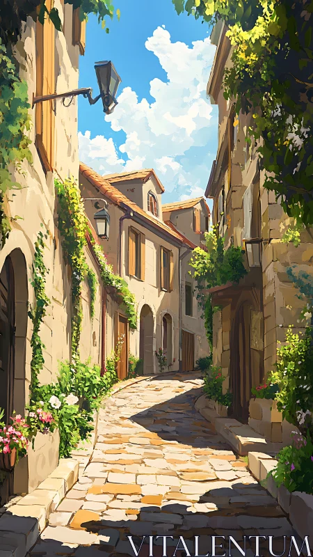 Sunlit stone alley curves through a quiet Mediterranean village.
