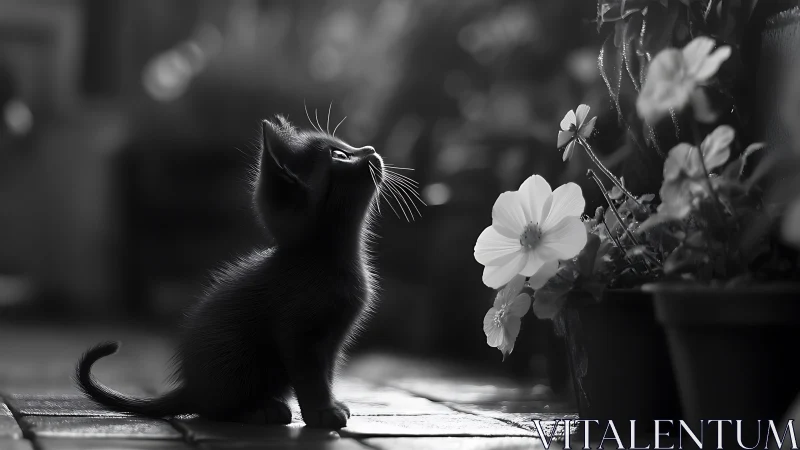 Kitten Examines White Flowers in Black and White.