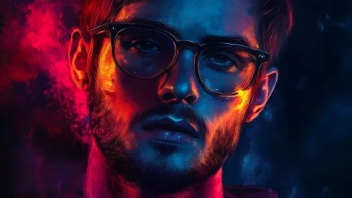 Neon-lit thinker bathed in electric cyan and ember glow.