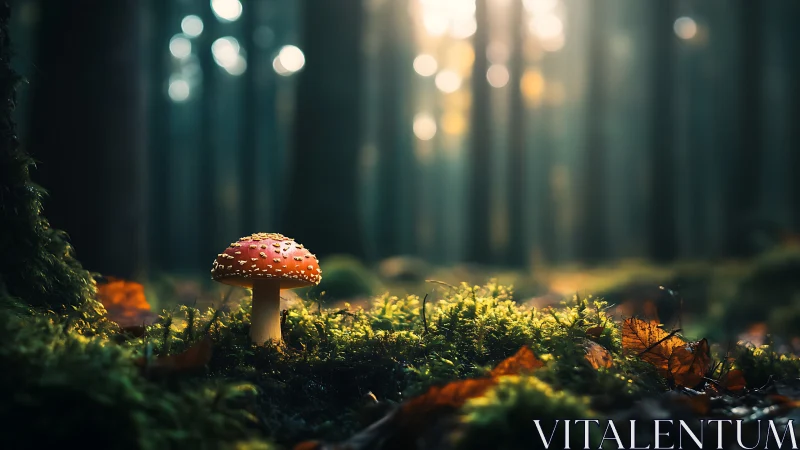 Solitary fly agaric glows against softly diffused forest bokeh