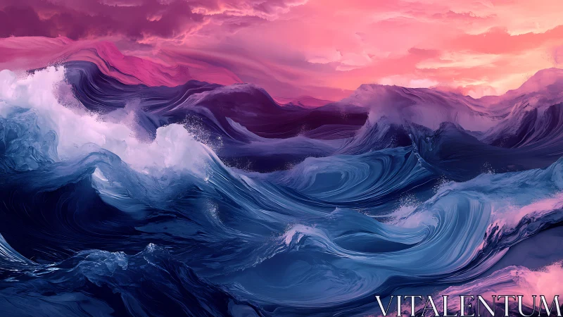 Crashing indigo waves roll beneath a vivid pink sunset sky