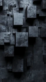 Staggered charcoal cubes in shadowed industrial gridscape.