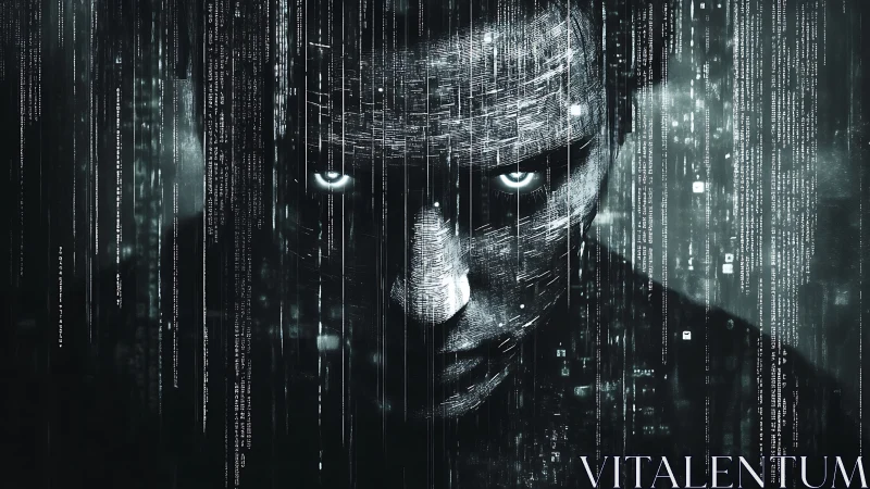 Cybernetic human face emerging through cascading matrix code