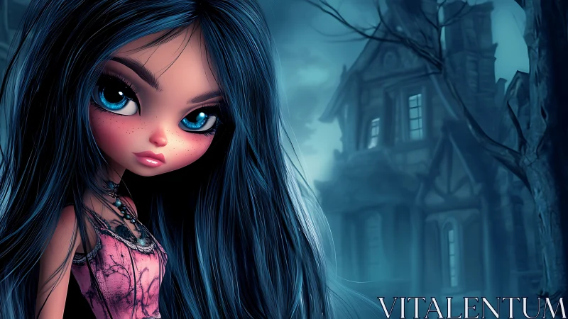 Moonlit goth doll stares down a whispering haunted manor.
