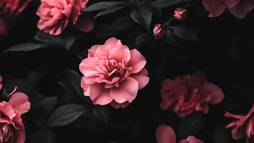 Pink Garden Dreams Among Dark Blooms.