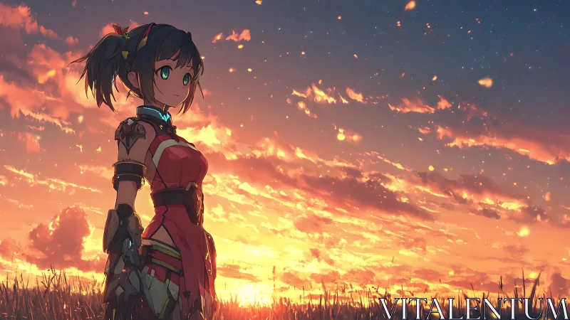 Cyborg girl watches burning sunset sky over open field.
