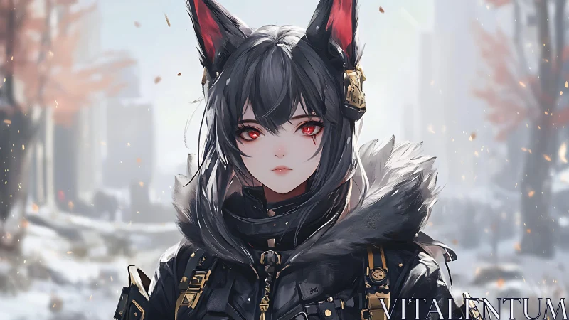 Anthropomorphic figure in winter gear with fox-like ears.