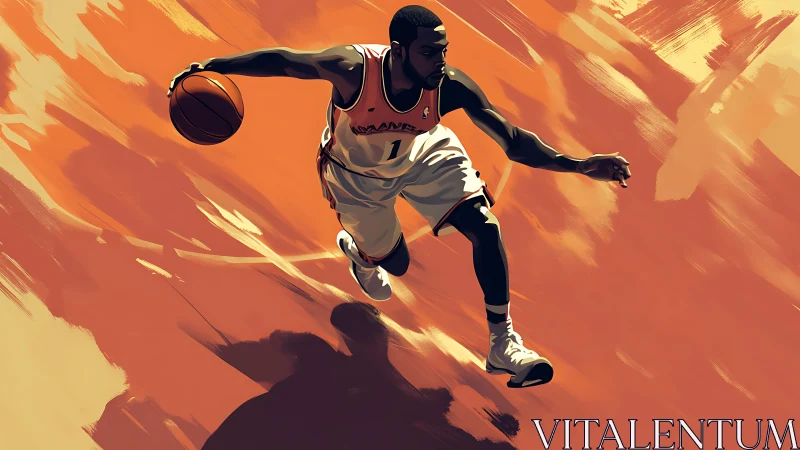 Basketball player dribbling on abstract orange court background.