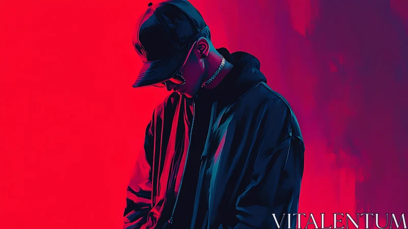 Hooded streetwear figure in neon red and blue light profile