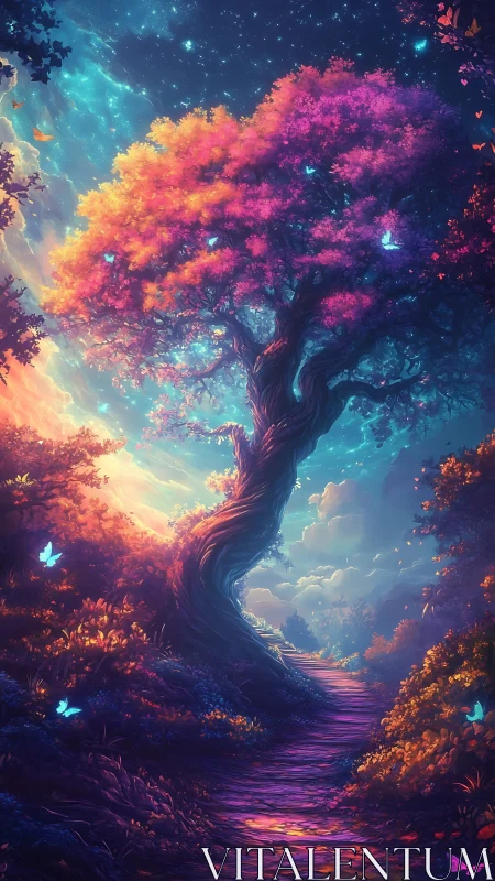 Twisting luminous tree over glowing forest path at dusk.