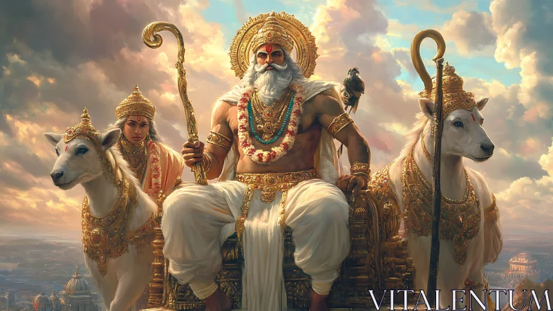 Digital painting of regal deity enthroned with sacred cattle.