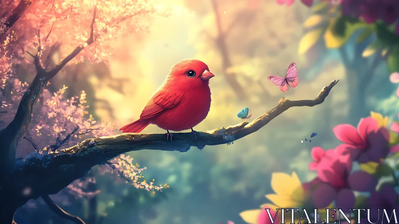 Vibrant red bird on a blossoming branch with butterflies, dreamy art.