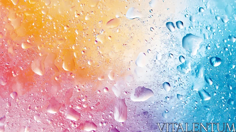 Rainbow gradient droplets over abstract glass surface.
