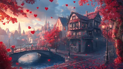 Crimson dreams bloom: enchanted bridge over love's cascade