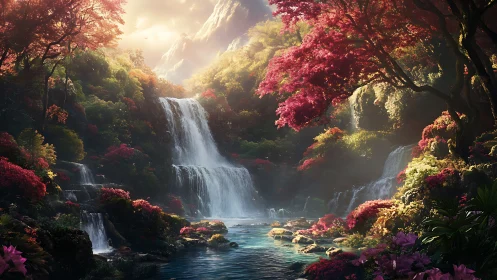 Lush multi-tier waterfall in dense sunlit fantasy forest.